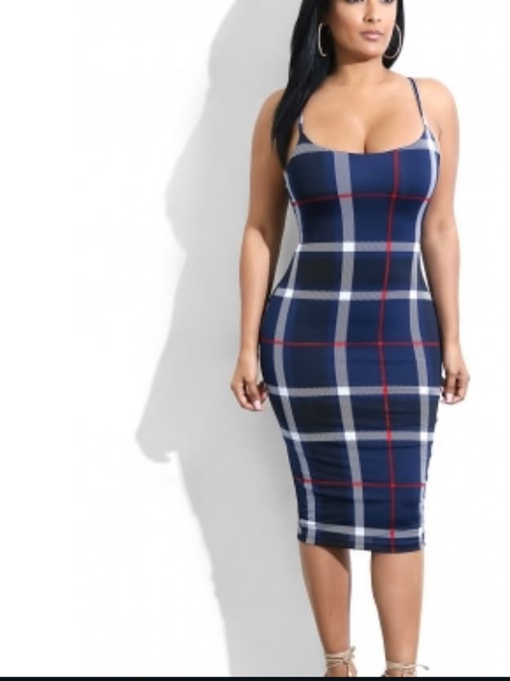 Size Blue Plaid Spaghetti Strap Midi Dress